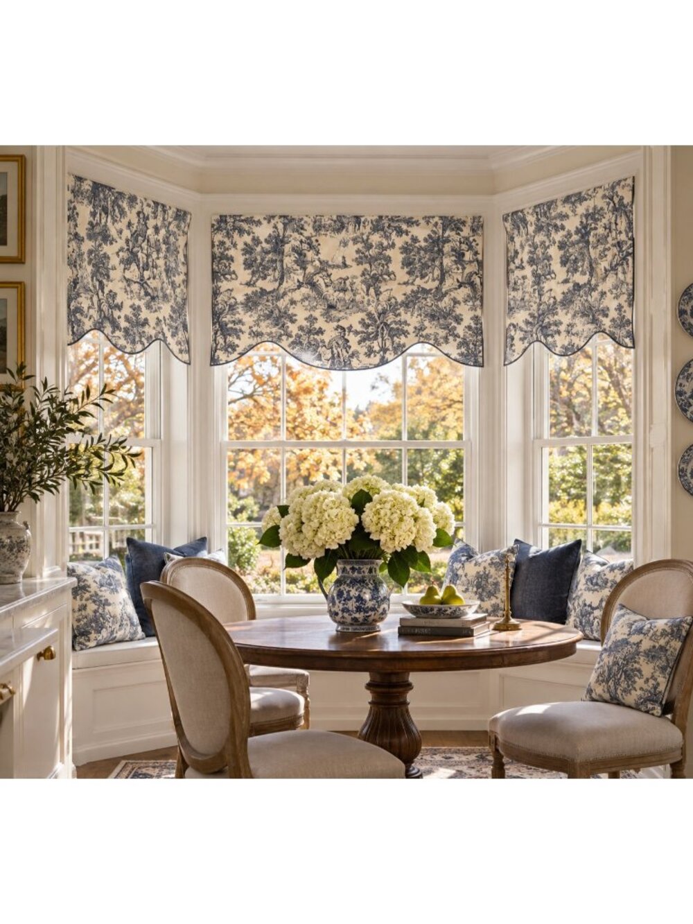 Ellis Curtain Victoria Park Toile Blue Scalloped Valances Set of 6 70x15 Cotton